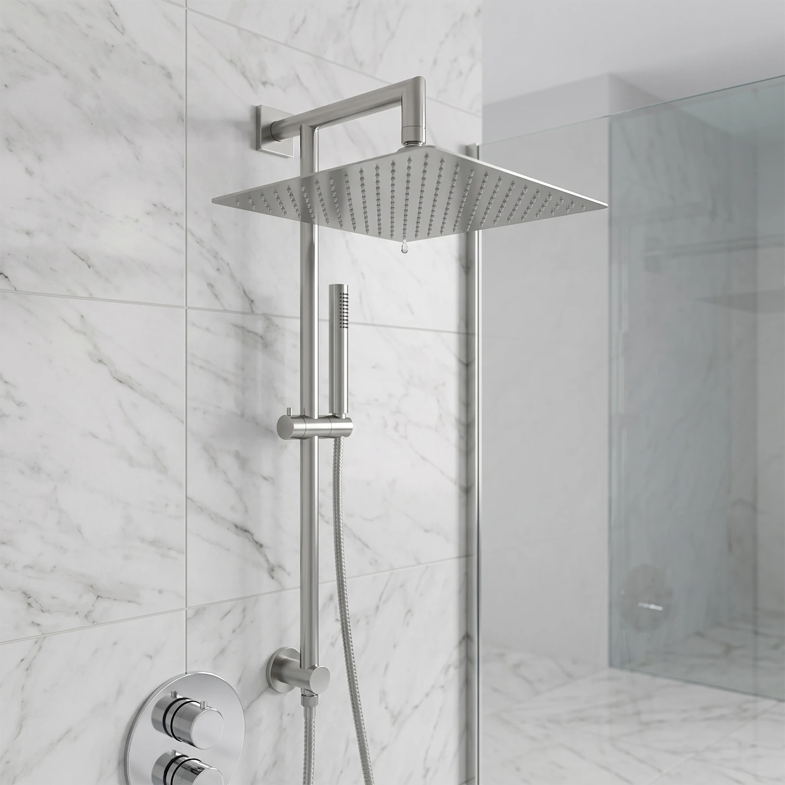 Pommeau de douche carré en acier inoxydable de 40 cm, pommeau de douche à large couverture de 15,75 pouces pour salle de bain et spa, 360° °   Rotule pivotante avec connexion de 3/4 pouces