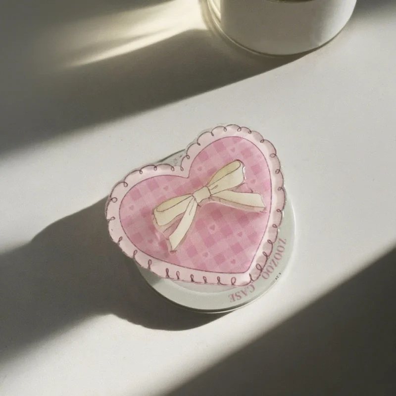 Korean Cute Grid Heart Bow For Magsafe Magnetic Phone Griptok Grip Tok Stand For iPhone 15 Wireless Charging Case Holder