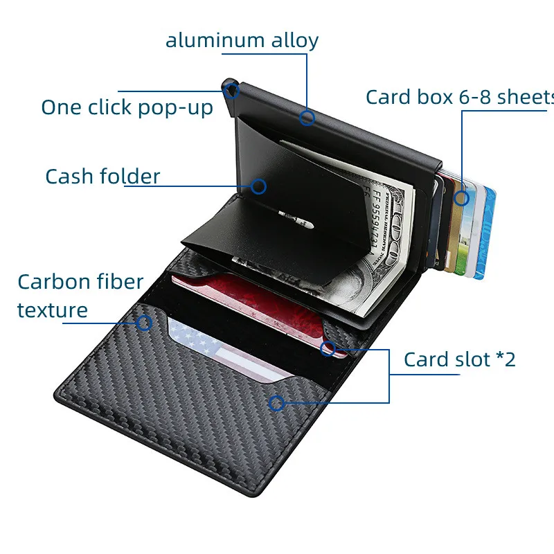 Slim Aluminum Wallet with Elasticity Back Pouch ID Credit Card Holder Mini RFID Wallet Automatic Pop Up Bank Card Case