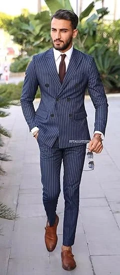 Tesco Customized Striped Double Breasted Suit for Men Mens Suits 2 Piece Double Breasted Suit Men Classic Fit Peak Lapel