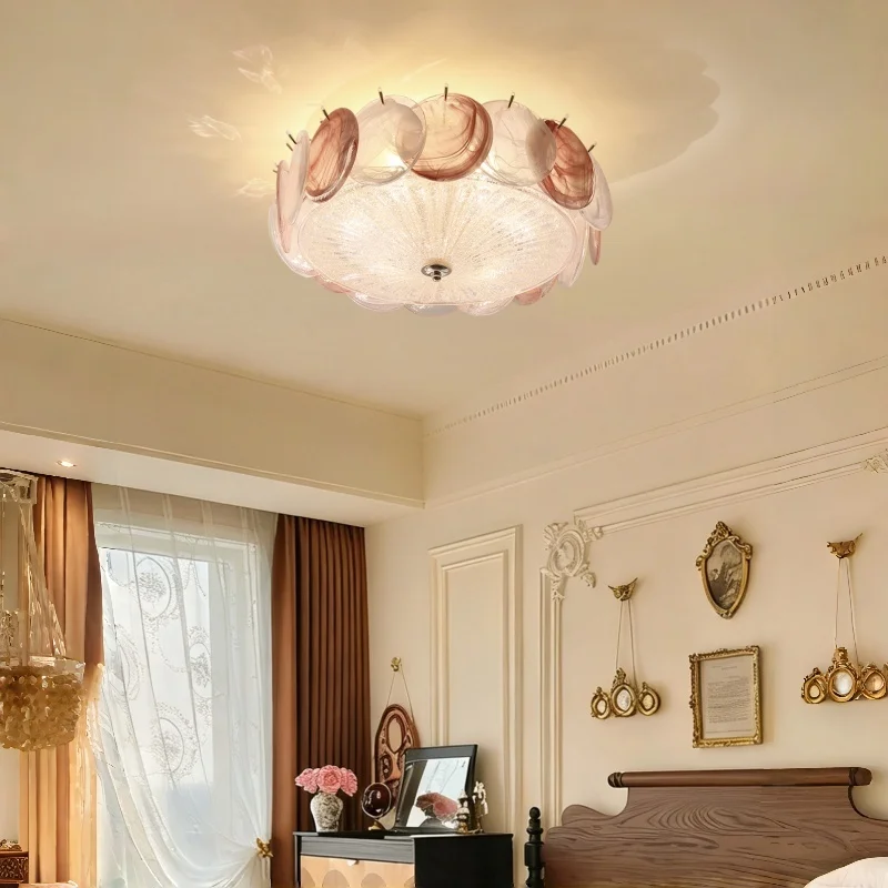 2026 LED Glass Ceiling Light Round French Cream Style Bedroom Study Lamp Cozy Light Luxury Room Lighting Art Home Changeable