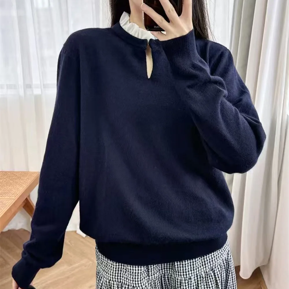 Ele المرأة محبوك سترة لينة مريحة اللون Blo هول اللكم طوق وهمية قطعتين الخريف الشتاء وصول جديد