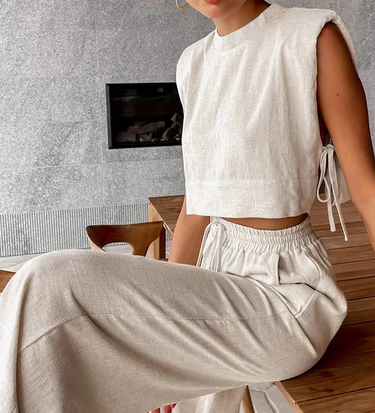 

2 Piece Sets Women Outfits Summer 2024 Shoulder Pad Sleeveless Top & Pants Sets Casual Fashion Cotton and Linen Women's Suit