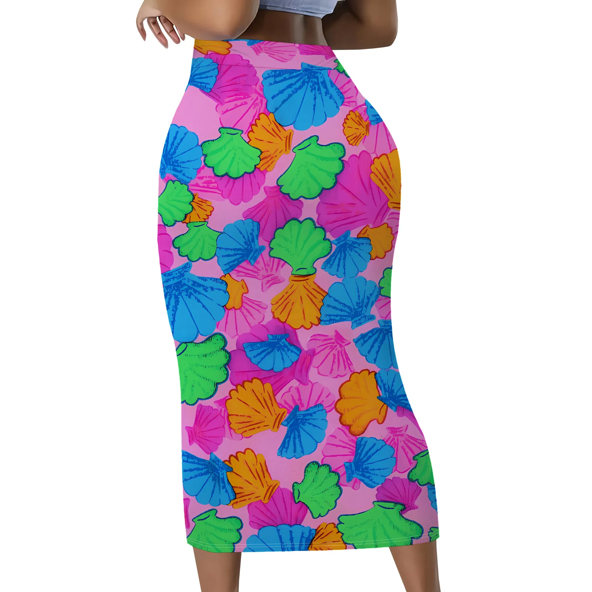 Bunter Rock mit Muscheldruck, Midi-Bleistiftrock mit lebhaftem Muschelmuster, figurbetontes Design mit hoher Taille, Sommer-Strandkleidung, S-2XL – Detail 3