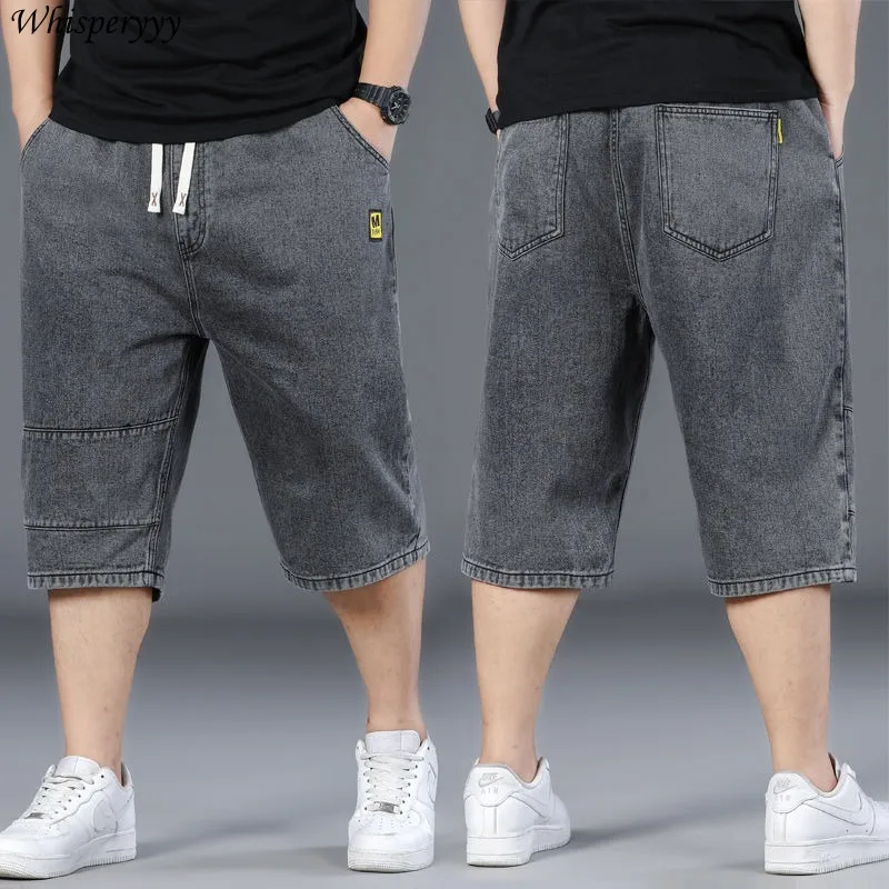 

Летние джинсовые шорты с эластичной резинкой на талии, мужские свободные широкие прямые укороченные брюки в стиле Харадзюку, повседневные мужские джинсы с высокой талией на шнурке
