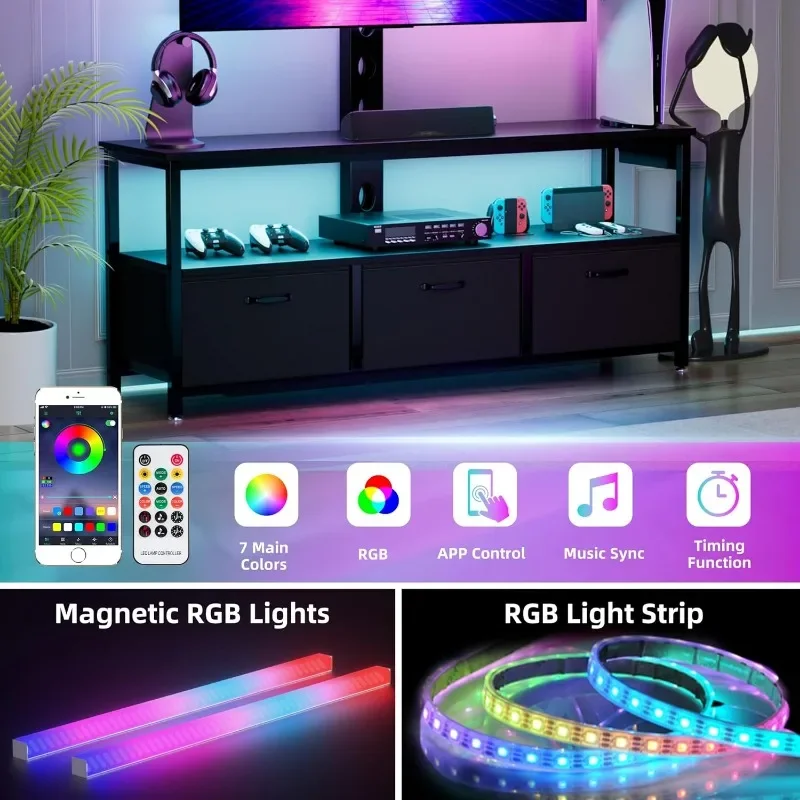 TV Stand with Mount and Power Outlet, Swivel TV Stands Mount with LED Lights for 32/45/55/60/65 inch TVs, Media Console Cabinet