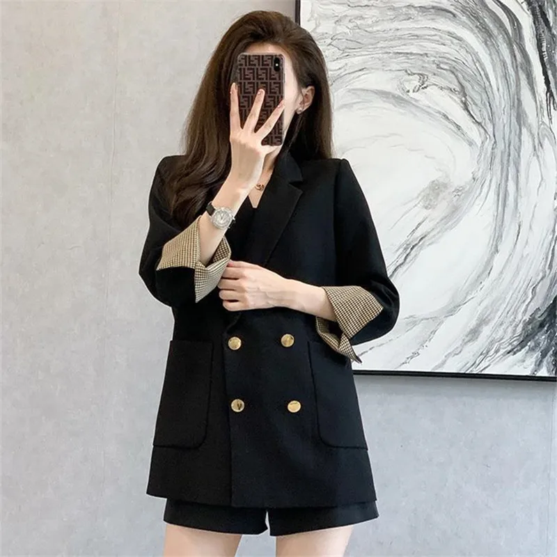 Spring 2024 New Women\'s Blazer Vintage Loose Long Sleeve Coat British Style Double-breasted Black Sleeve Suit Jacket