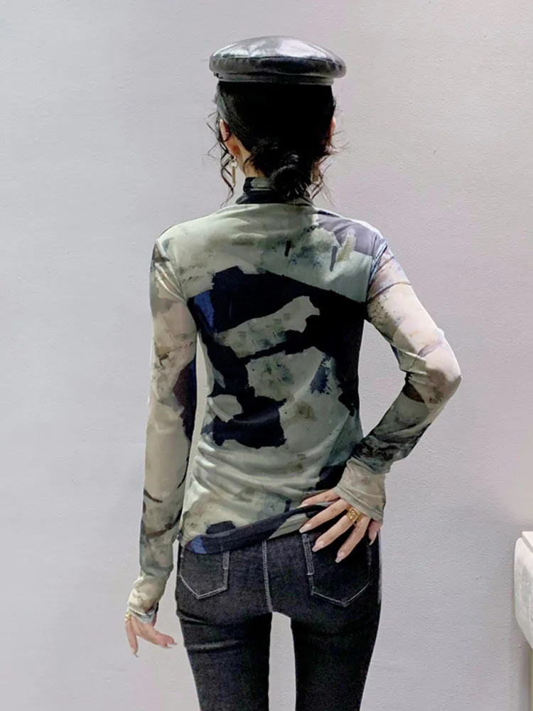 Mesh T Shirt Women Thin Sexy Tie Dye Printed Tshirt Long Sleeve Retro See Through Clothes Turtleneck T-shirt High Stretch