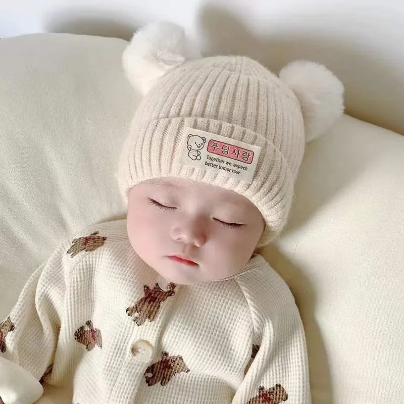 Gorro de punto con pompón para niños y niñas, gorro cálido de Color sólido, accesorios de invierno