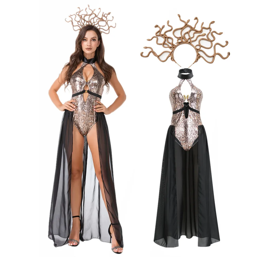 Halloween Women Ancient Greek Myth Medusa Snake Print Siamese Costume Cosplay Snake Siren Witch Clothes Egypt Princess Clothes