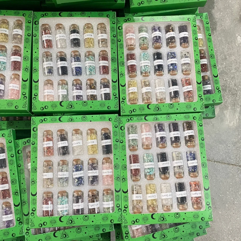 15pcs Gravel Gemstone Chip Natural Crystal Glass Wishing Bottles Healing Tumbled Gem Reiki Wicca Stones Set Box