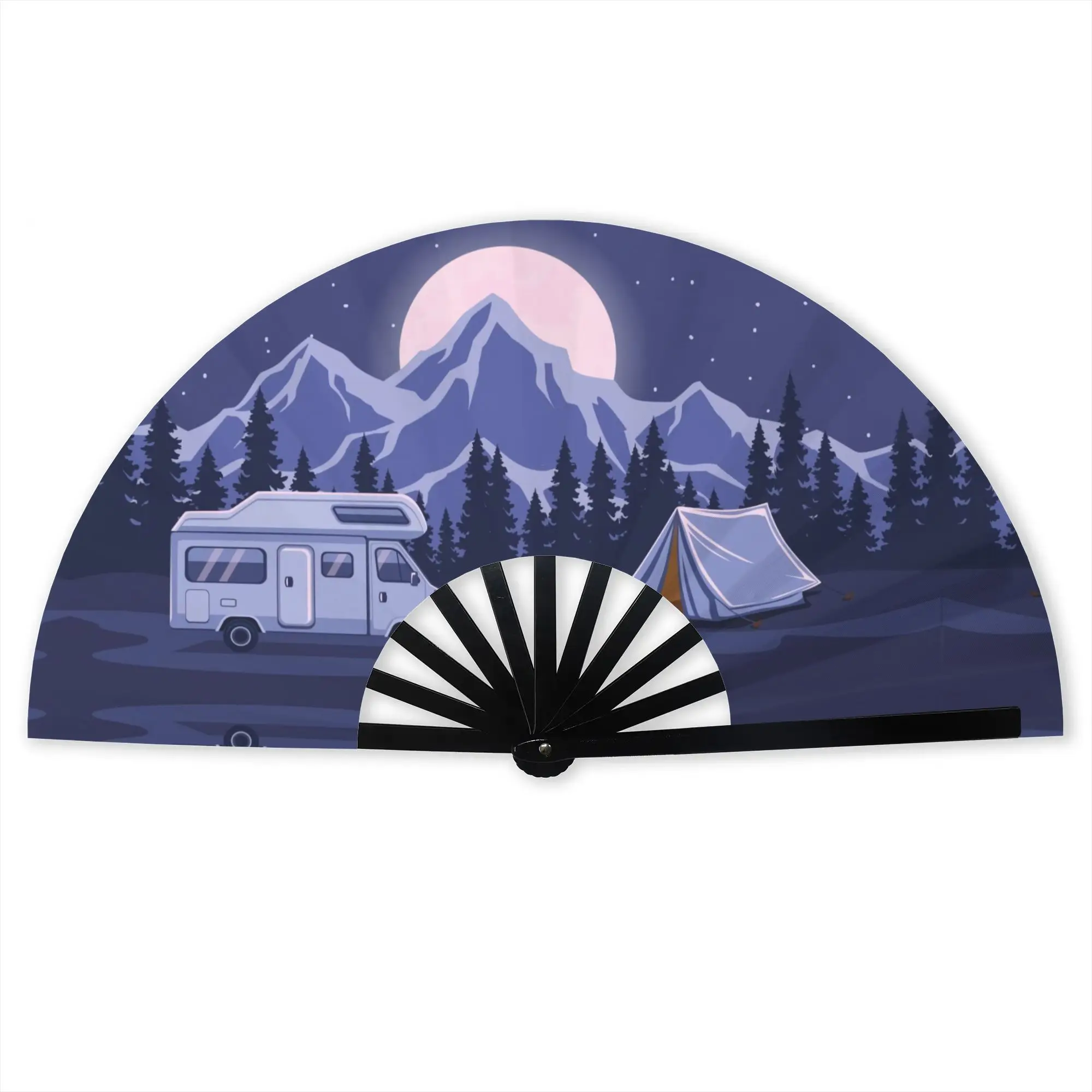 Happy Camper Stylish Hand Fan Unisex Camping Life Printed Polyester Fan Vintage For Sports Events Gift