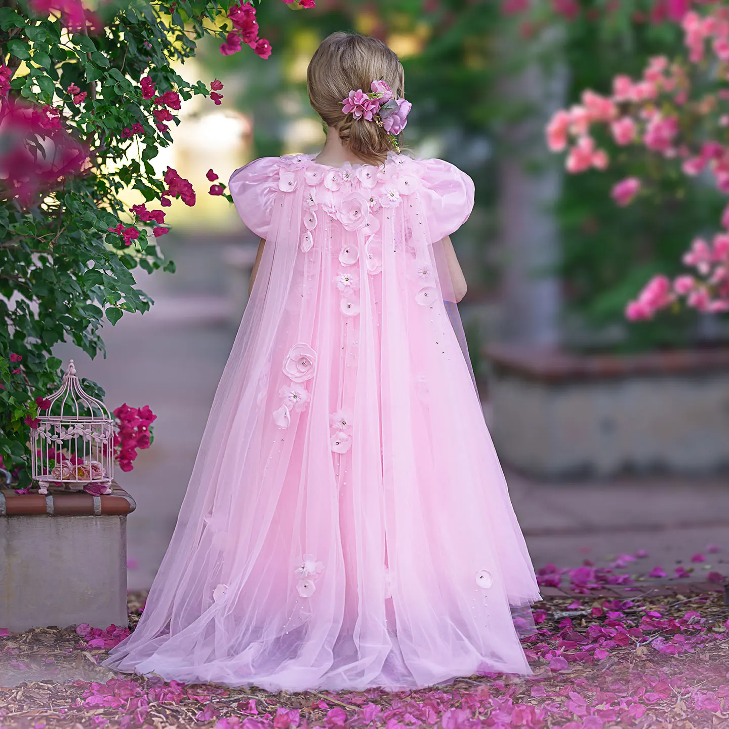 Jill Wish Sky Blue Arabic Flower Girl Dresses Crystal with Cape 3D Flowers Puff Sleeves for Kids Wedding Birthday Party J098