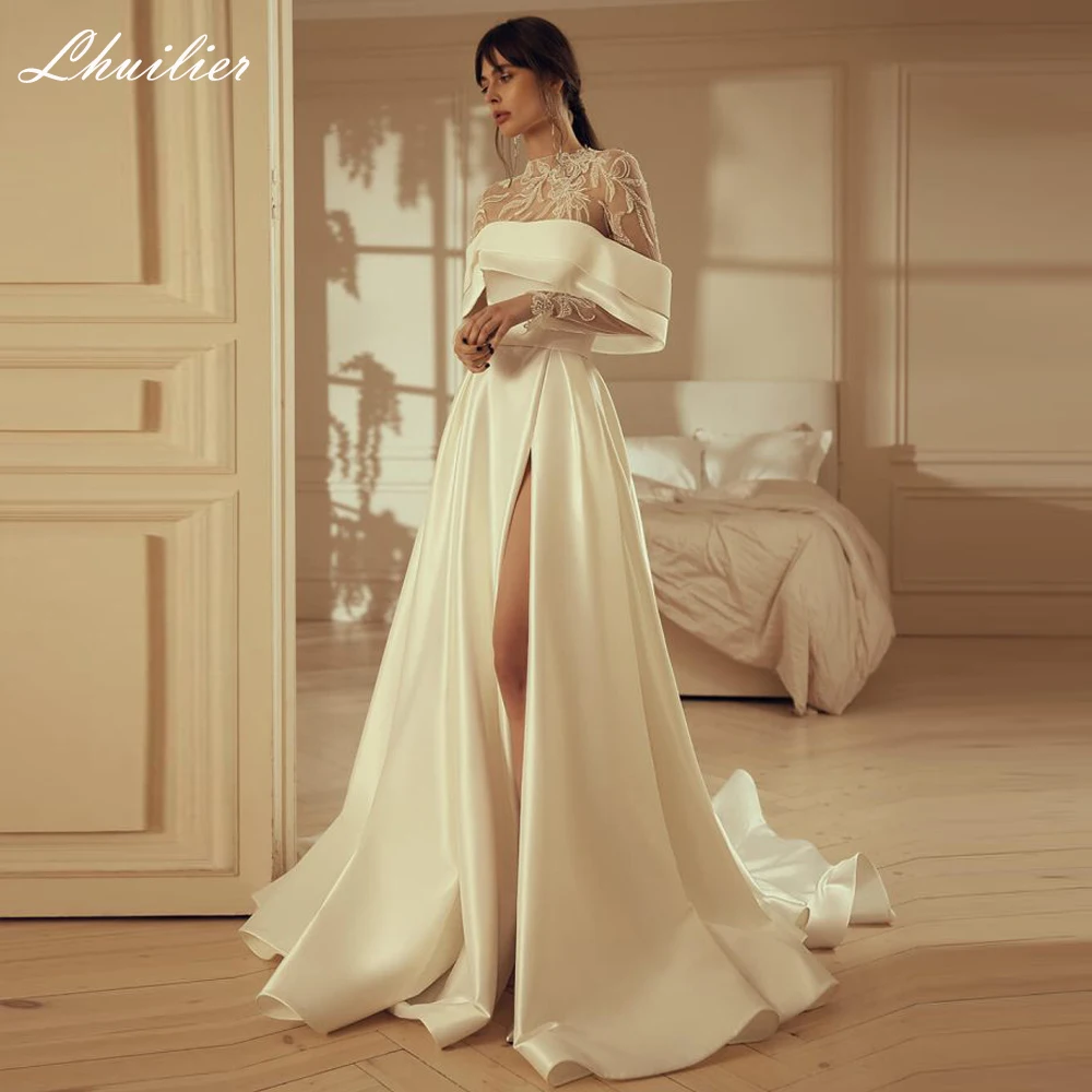 

Lhuilier Customized A Line O Neck Satin Wedding Dresses Full Sleeves Beaded Lace Bridal Gowns with High Slit