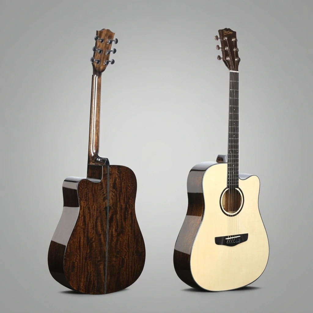 6 String Acoustic Guitar 41 Inch Cutaway Light Top Dark Back Sides Chrome Tuners Dot Inlay White Binding With Bridge Pins