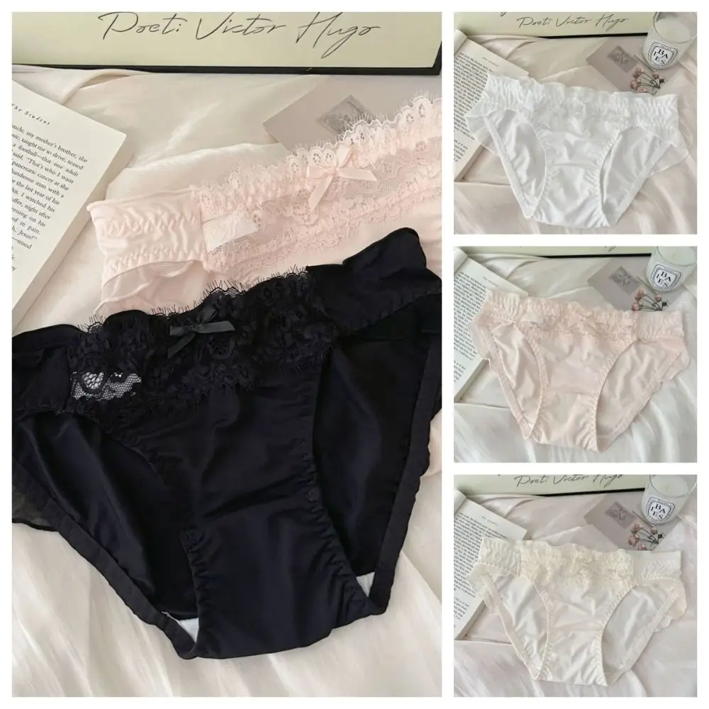 Comfortable Ruffle Ice Silk Panties Mesh Bow Low Waist Briefs Solid color Cotton crotch Women Lace Underpants Female