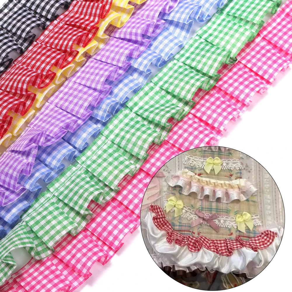 5yards 2.5cm Polyester Gingham Ruffled Lace Trim Plaid Ribbon DIY Clothing Decoration Sewing Doll Dress Skirt Hair Bow Supplies