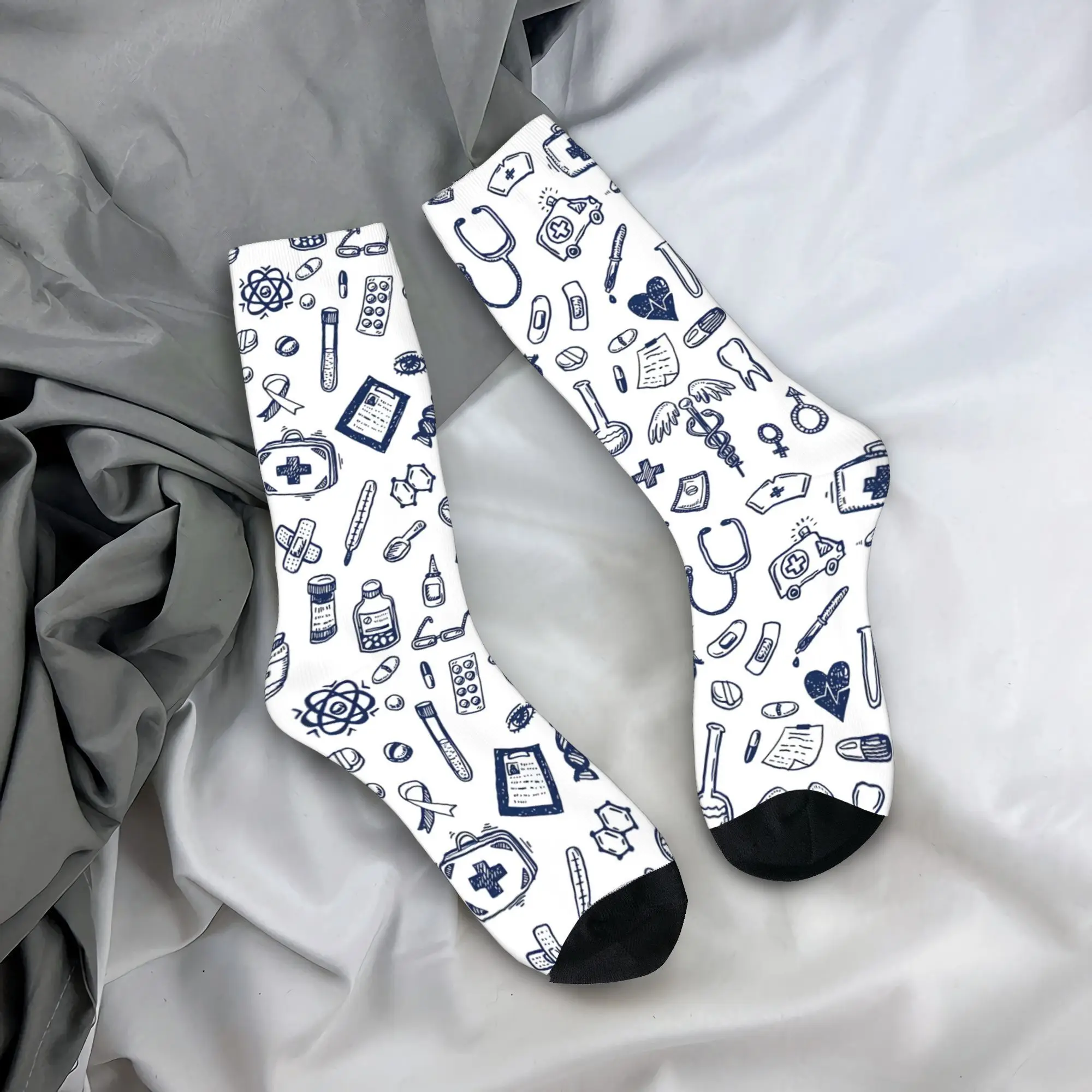 1 Pair Funny Hip Hop Retro Nurse Cartoon Medical Print Compression Socks Unisex Breathable Seamless Crew Socks with Random