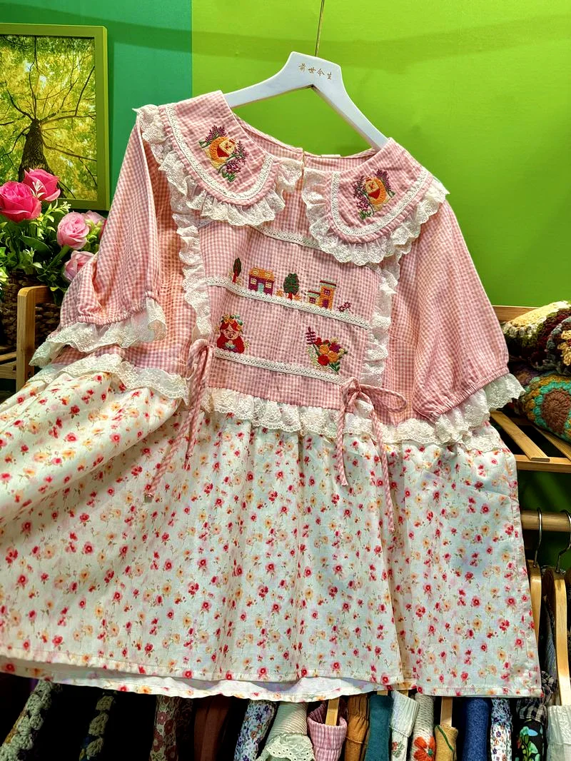 여름 코튼 패치 워크 격자 무늬 프릴 레이스 스위트 로리타 카와이 여성용 귀여운 블라우스 코티지 코어 모리 걸 한국 탑 셔츠