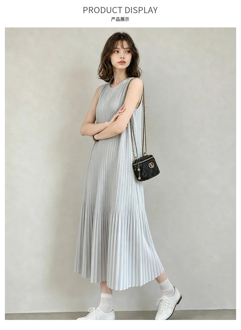Miyake Plissee-Kleid Damen Ärmelloses Midi-Kleid Strukturiert Locker Sitzend Elegant Lässig Sommer Mode Minimalistischer Stil Schickes Fit – Detail 5