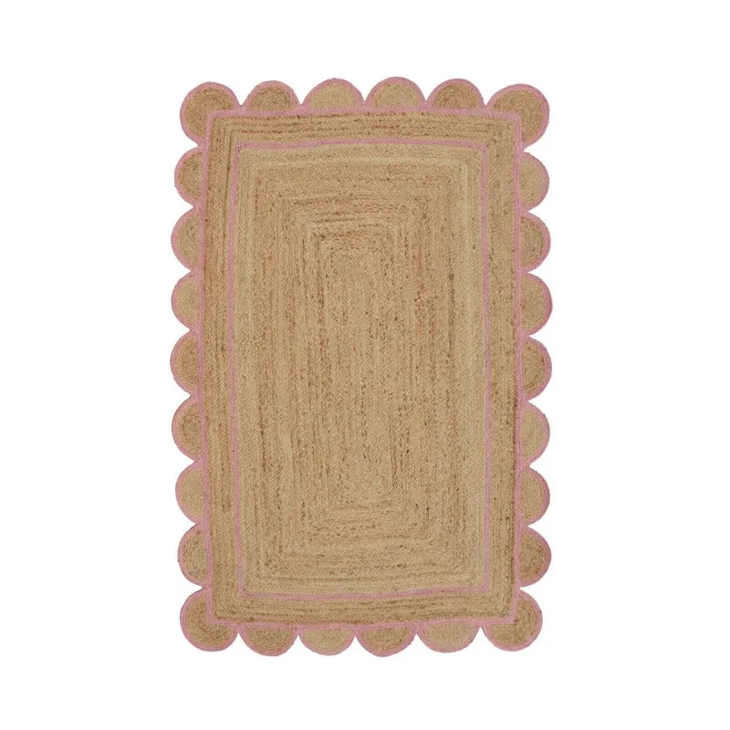 

Scallop Rug 100% Natural Braided Jute Floor Carpet Pink Trim Home Decor Area Rug