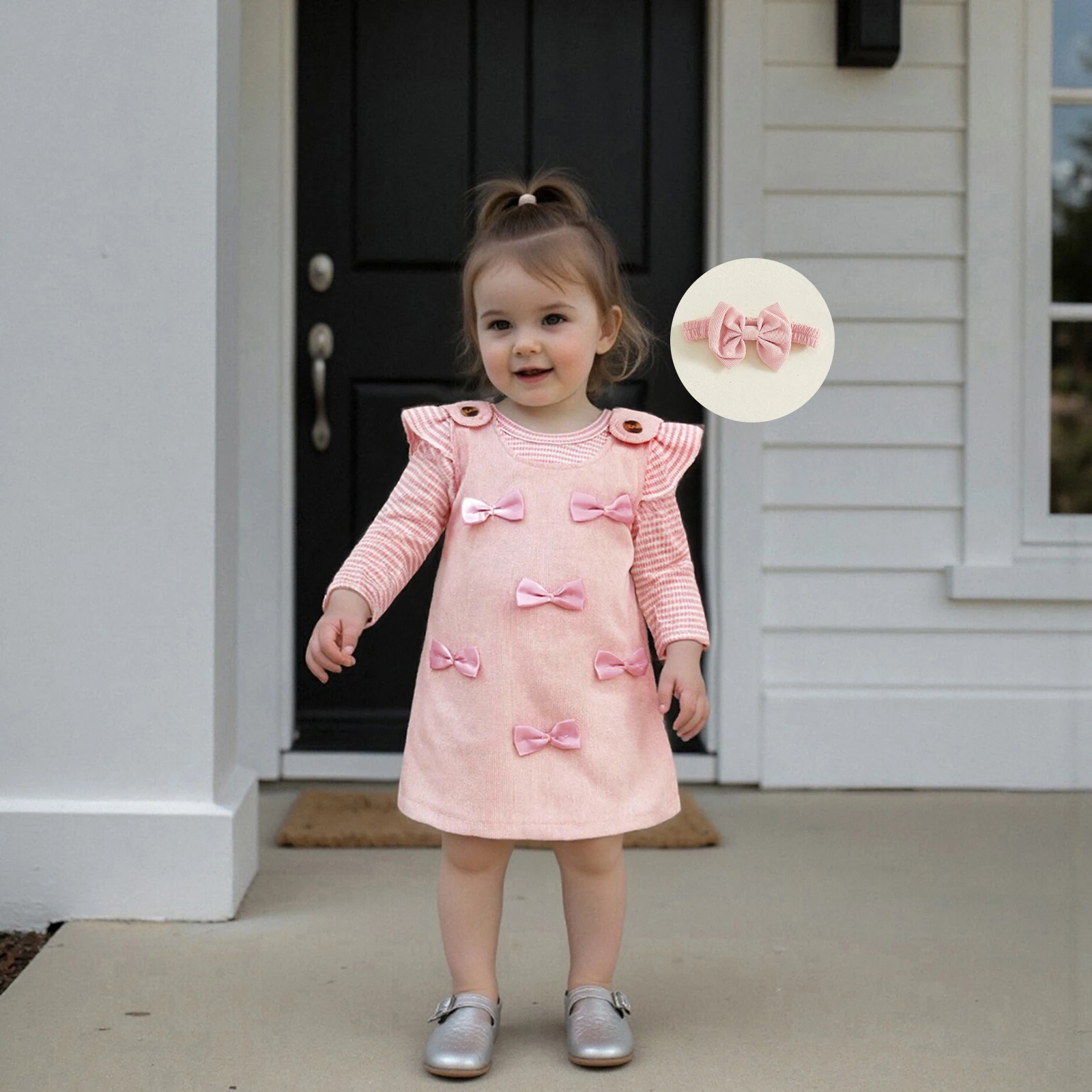 Newborn Baby Girls Spring Fall Set, Long Sleeve Striped Romper with Bow/Strawberry/Heart Overall Dress Bow Headband 3Pcs Outfit