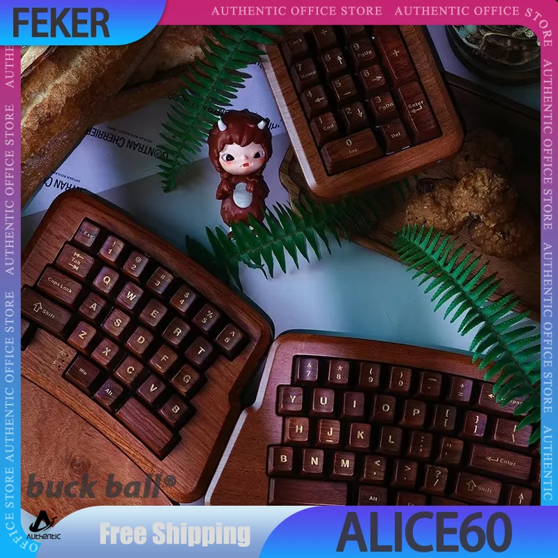 Feker Alice60 Gamin Keyboard Wireless Wooden Mechanical Keyboard Rgb 3mode Rosewood Keypad Customized Pc Office Accessory Gifts