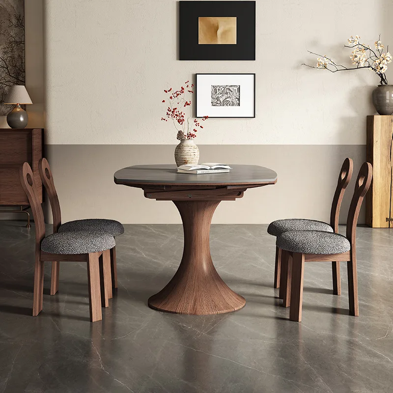 Dining table, adjustable round table, telescopic solid wood sintered stone panel, small apartment, foldable square home
