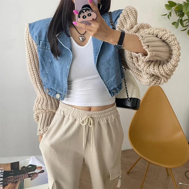 

MEXZT Y2K Cropped Denim Jacket Women Harajuku Sweater Patchwork Jeans Coat Autumn Streetwear Korean Long Sleeve Short Outerwears