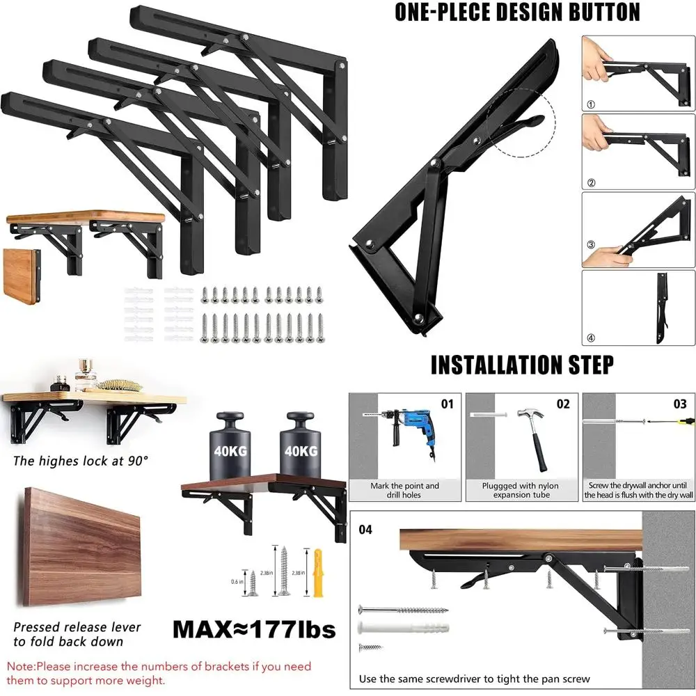 

24 Inch Wall Mounted Folding Shelf Brackets, DIY Garage Workstation Supports, Plant Stand, Heavy Duty, 4 Pieces Included