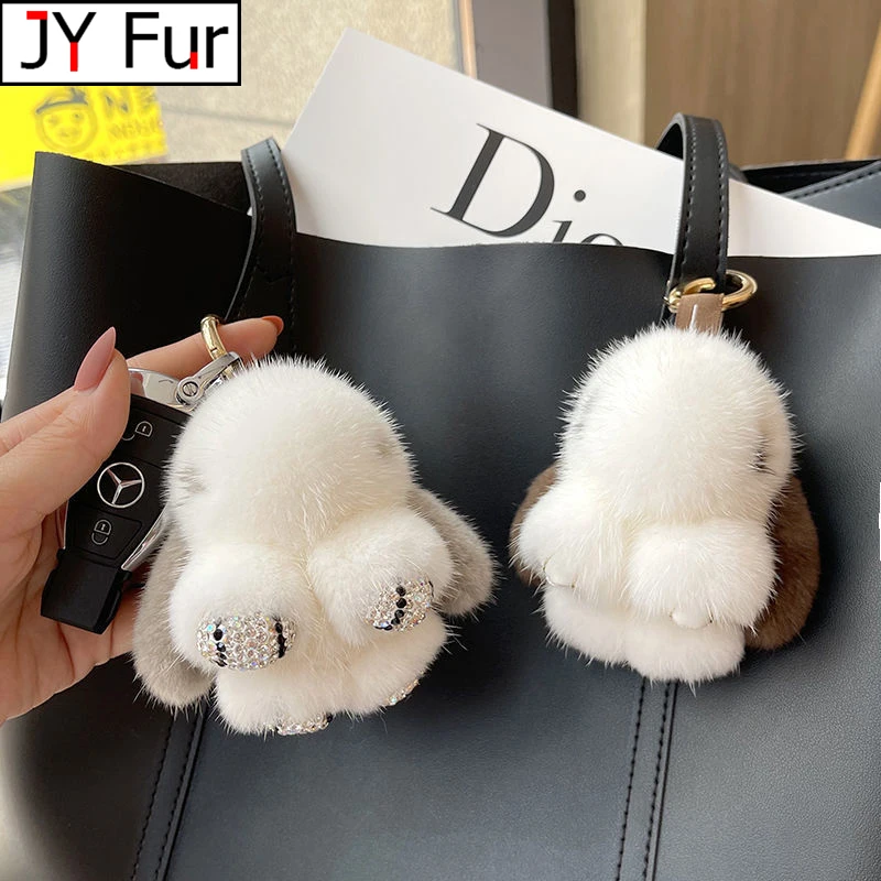 Plush Cute Bunny Real Mink Fur Keychain Toys Trinket For Women Bag Pendant Car Key Ring Ornaments Soft Pompom Rabbit Girl Gift