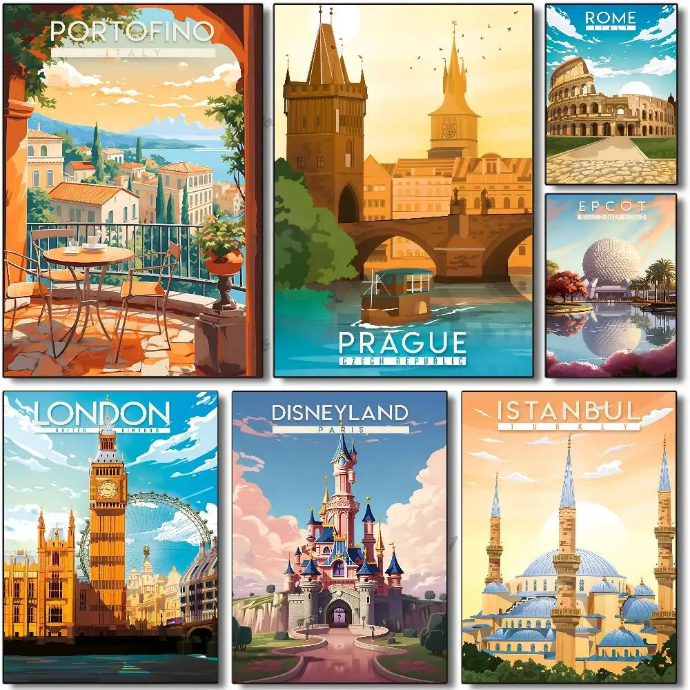 Classic City Travel Illustrations Poster Self-adhesive Art Room Entrance Restaurant Wall Decor Art Painting