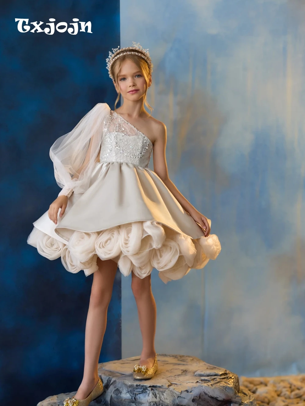 New Arrival Luxurious Beaded Mini Princess Gown Stage Performance Wear Fashionable One Shoulder Girls Dresses Dancing Outfit