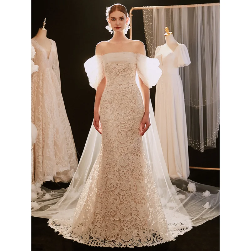 الفرنسية خارج الكتف جديد العروس الغابات نمط في الهواء الطلق ثوب أنيق خمر الدانتيل حورية البحر ضوء ثوب مع الزهور ثلاثية الأبعاد