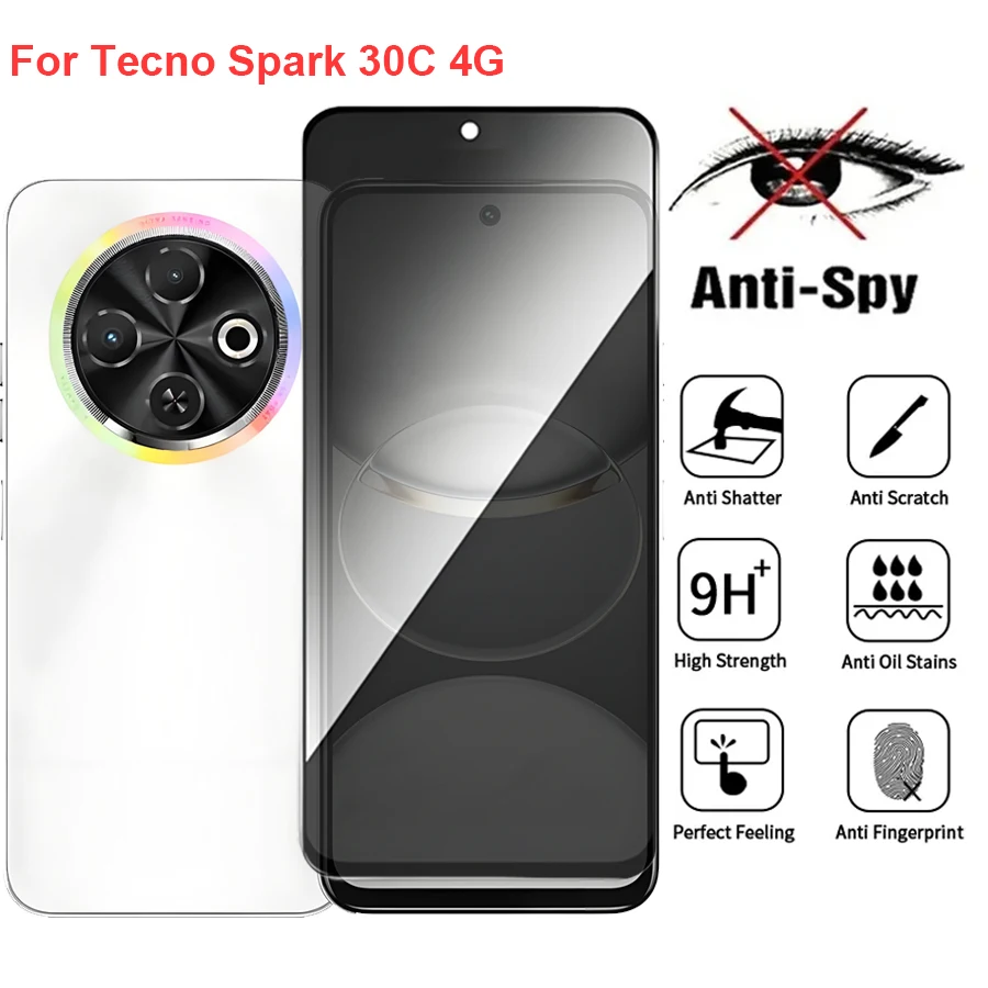 Para tecno spark 30c 4g kl5 anti espião privacidade protetor de tela de vidro temperado compatível para tecno spark30c filme de telefone