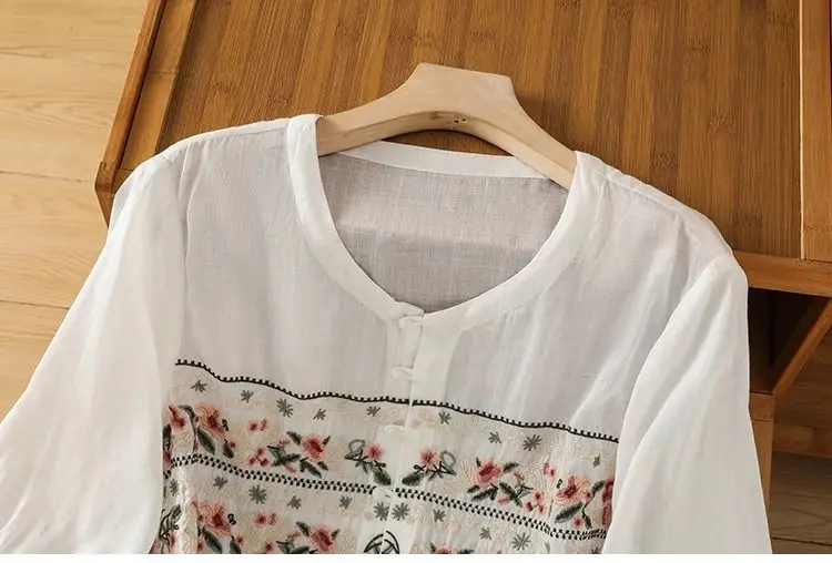 Retro Cotton and Linen Embroidered Seven Part Artistic Shirt Summer Versatile Loose Casual Top