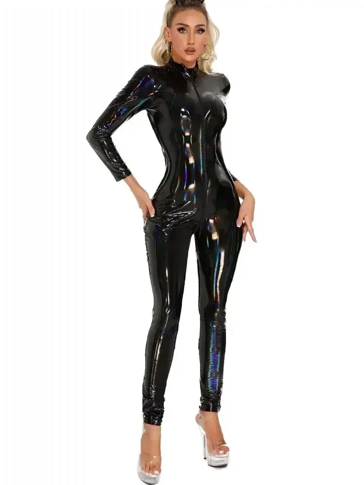 Catsuit en PVC brillant en cuir PU avec fermeture éclair, combinaison de batterie à entrejambe ouvert, collants sexy, justaucorps conjoint, aspect laser coloré, cosplay