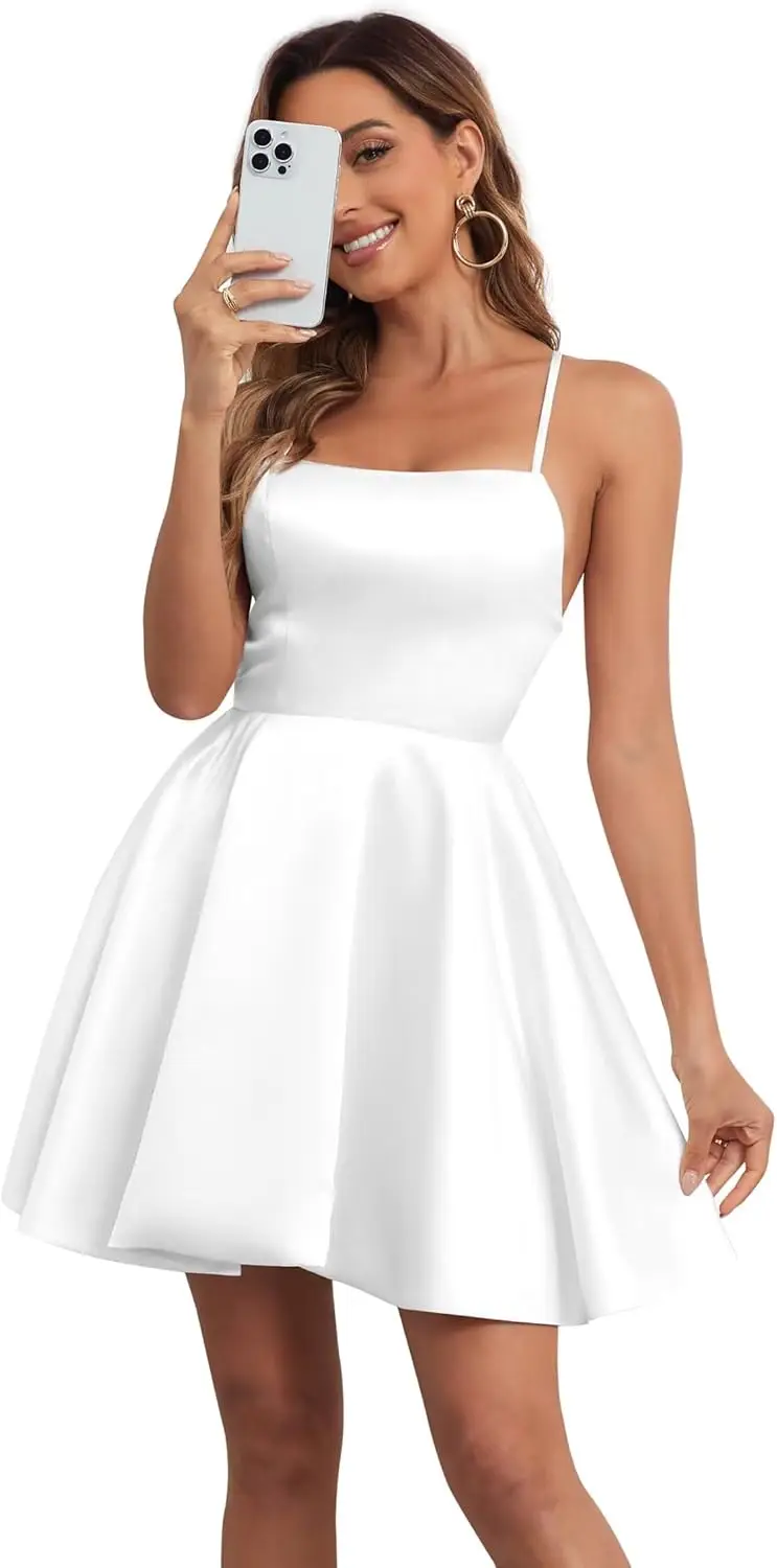 Robes de soirée courtes pour adolescents, en Satin, dos nu, bretelles Spaghetti, robes de bal, Cocktail, au-dessus du genou, Mini