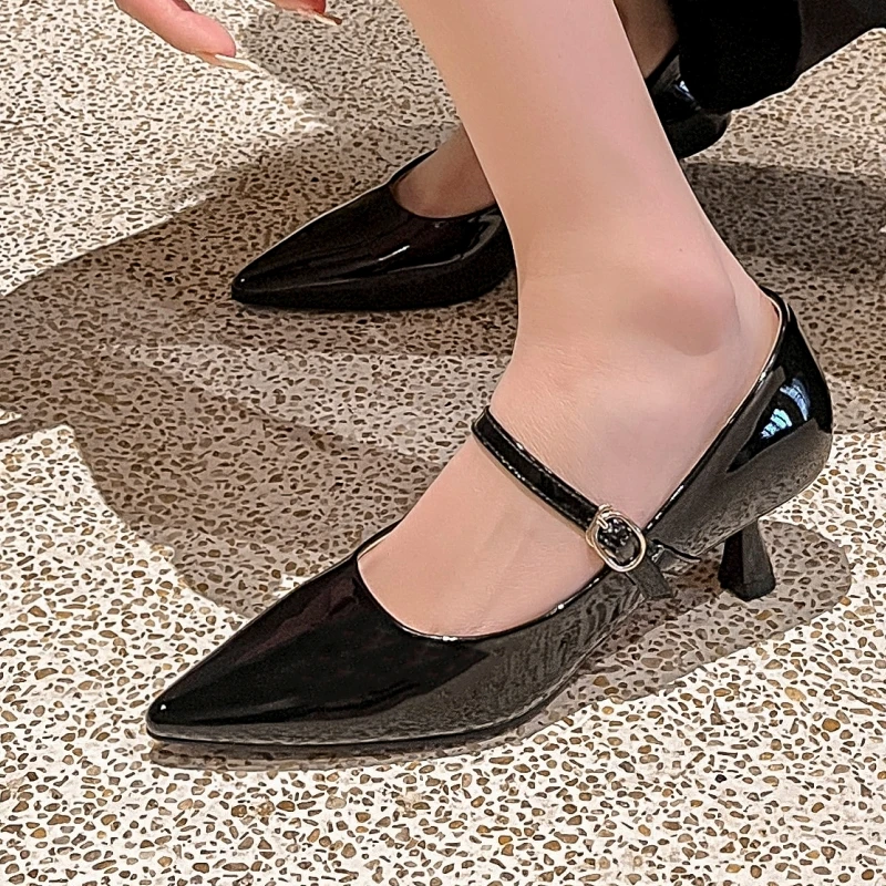 Short Heels Mary Janes Shoes Women Pumps Genuine Leather Point Toe Black Nude Red Heeled Office Wedding Shoes Female Large Size