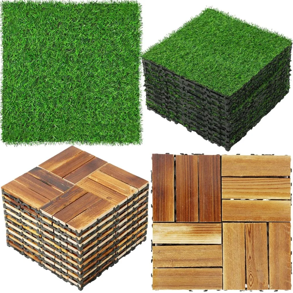 

48 Pcs Hardwood Interlocking Patio Deck Tile and Artificial Grass Tile Waterproof Wood Flooring 12 X 12''Freight Free Garden