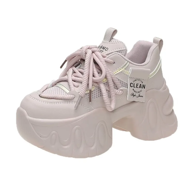8 سنتيمتر جديد إمرأة ربيع الخريف شبكة أحذية رياضية مكتنزة سميكة القاع أحذية من الجلد منصة عالية فلكنيز أحذية رياضية غير رسمية أبي حذاء
