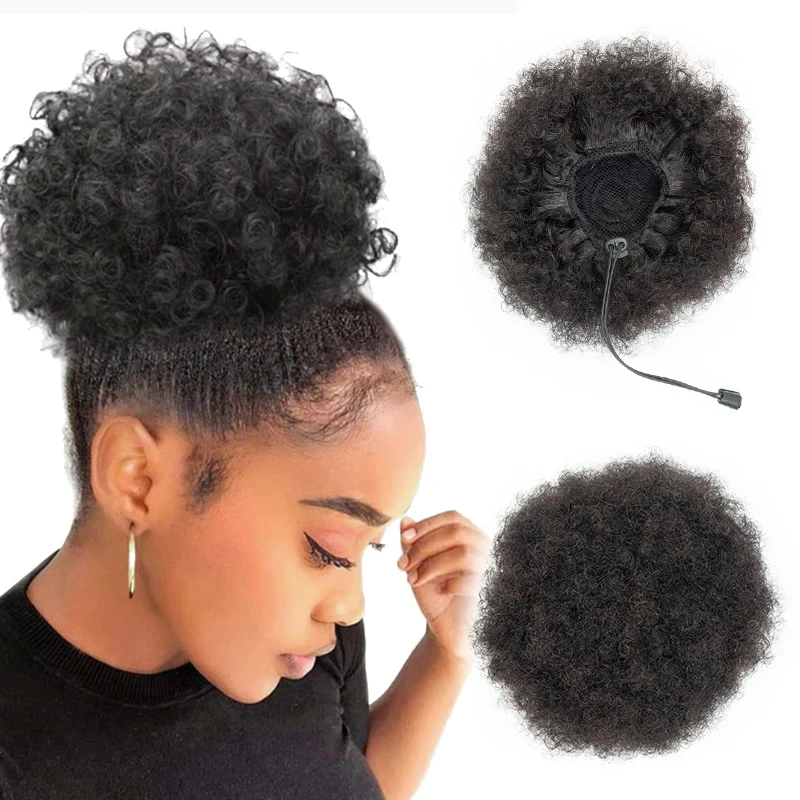 Human Hair Ponytail Kinky Curly Afro Puff Drawstring High Bun HairPiece Clip in on Updo Extensions for Black Women 4 6inch