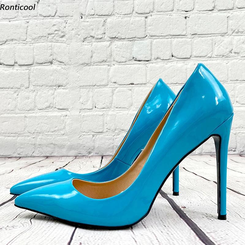 Ronticool, популярные женские глянцевые туфли-лодочки ручной работы, пикантные туфли на высоком каблуке-шпильке с острым носком, 13-цветные модельные туфли, женские размеры США, большие размеры 5-15