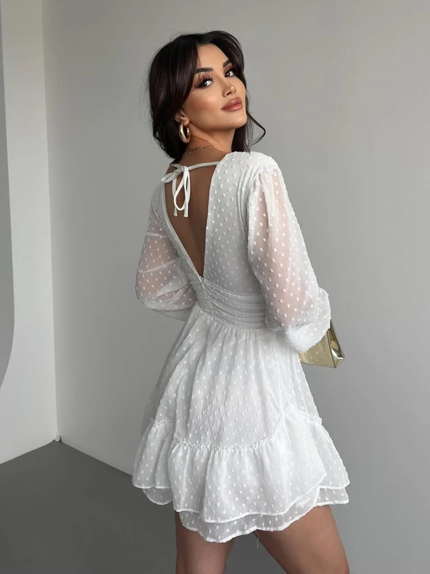 Marthaqiqi White Elegant Women Nightwear Long Sleeve Sleepwear V-Neck Pajamas Lace Up Pyjamas Mini Dress Casual Ladies Nightgown