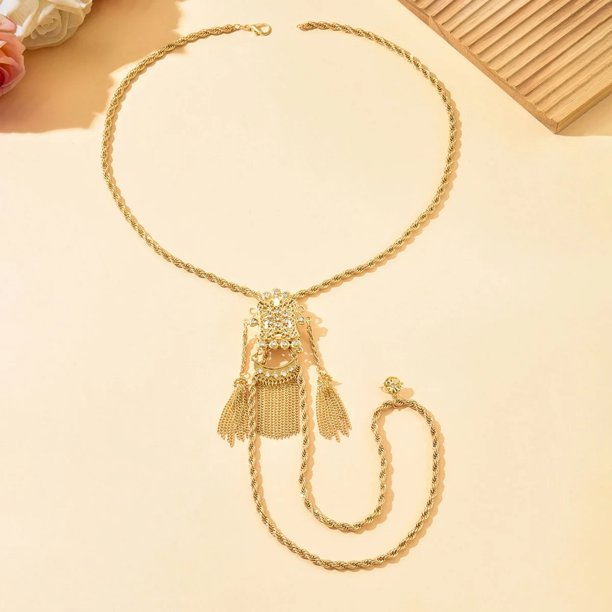 

Chain Arab Caftan Gold Color Necklace Jewelry Algerian Wedding Bride Crystal Necklace Thick Tassel Sweater