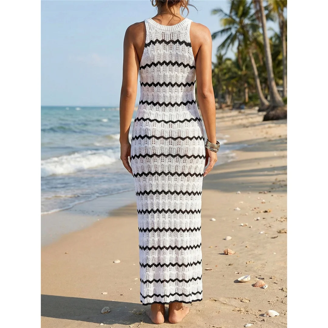 S - XL Neues gestreiftes, ärmelloses, gehäkeltes, gestricktes Tunikakleid, Strandkleid, Strandmode, Damen V8353 – Detail 8