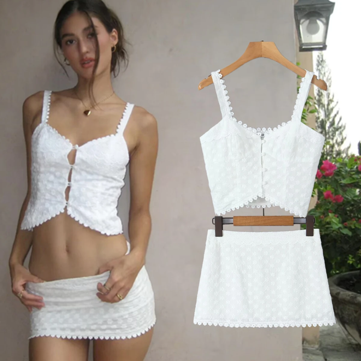 Maxdutti French Retro Lace Camisole Summer Tank Tops Sexy Mini Skirt Two Pieces Set Women