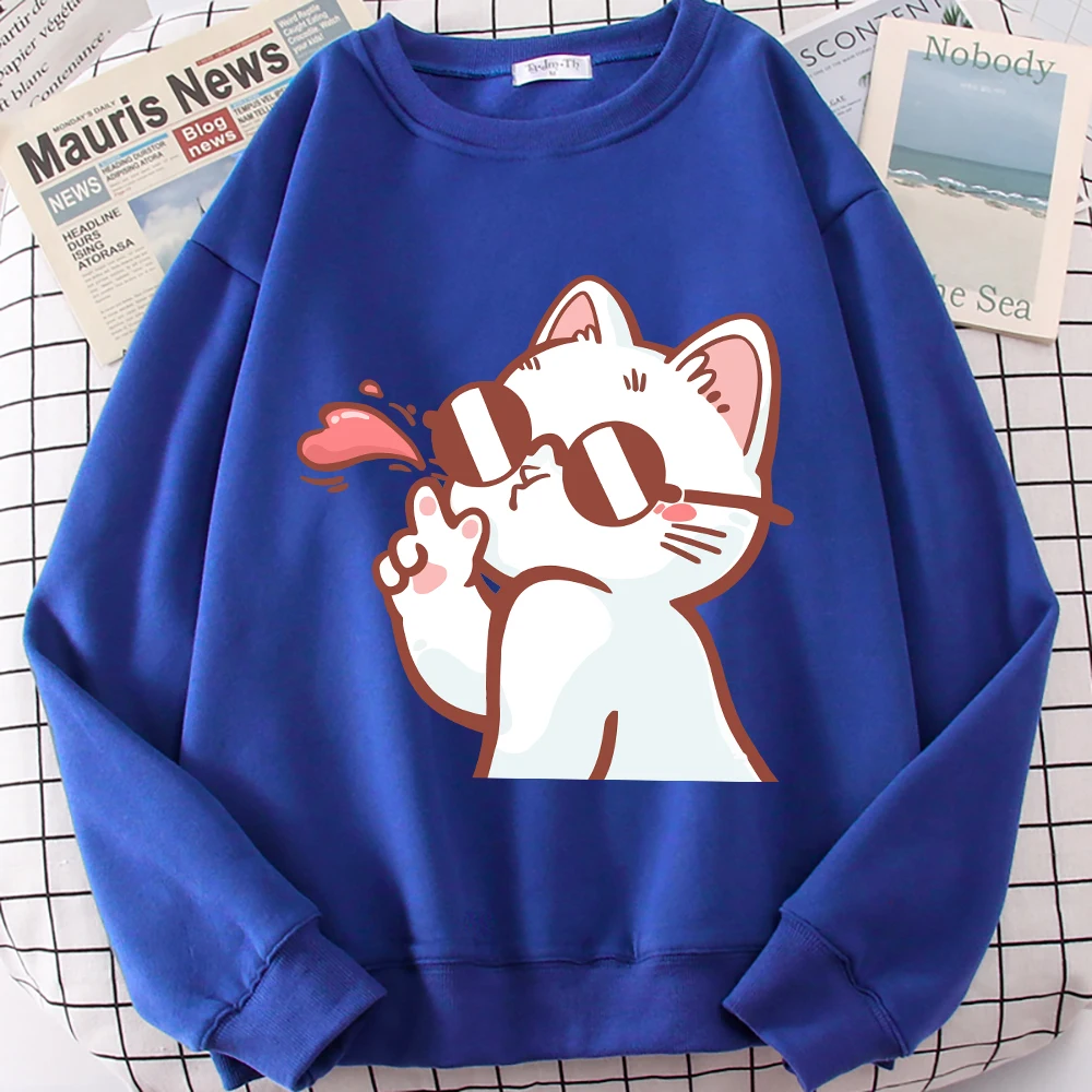 

Толстовка Lady Cat с солнцезащитными очками Flying Kiss, мужские универсальные флисовые пуловеры, осенняя свободная одежда унисекс с круглым вырезом и длинными рукавами