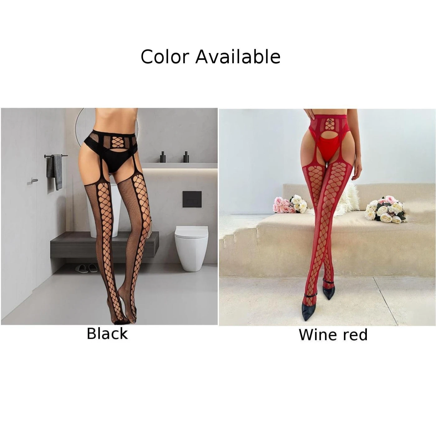 Fashionable Thigh High Fishnet Stockings for Women Hollow Out Crotchless Legging Hosiery Black or Wine Red Color