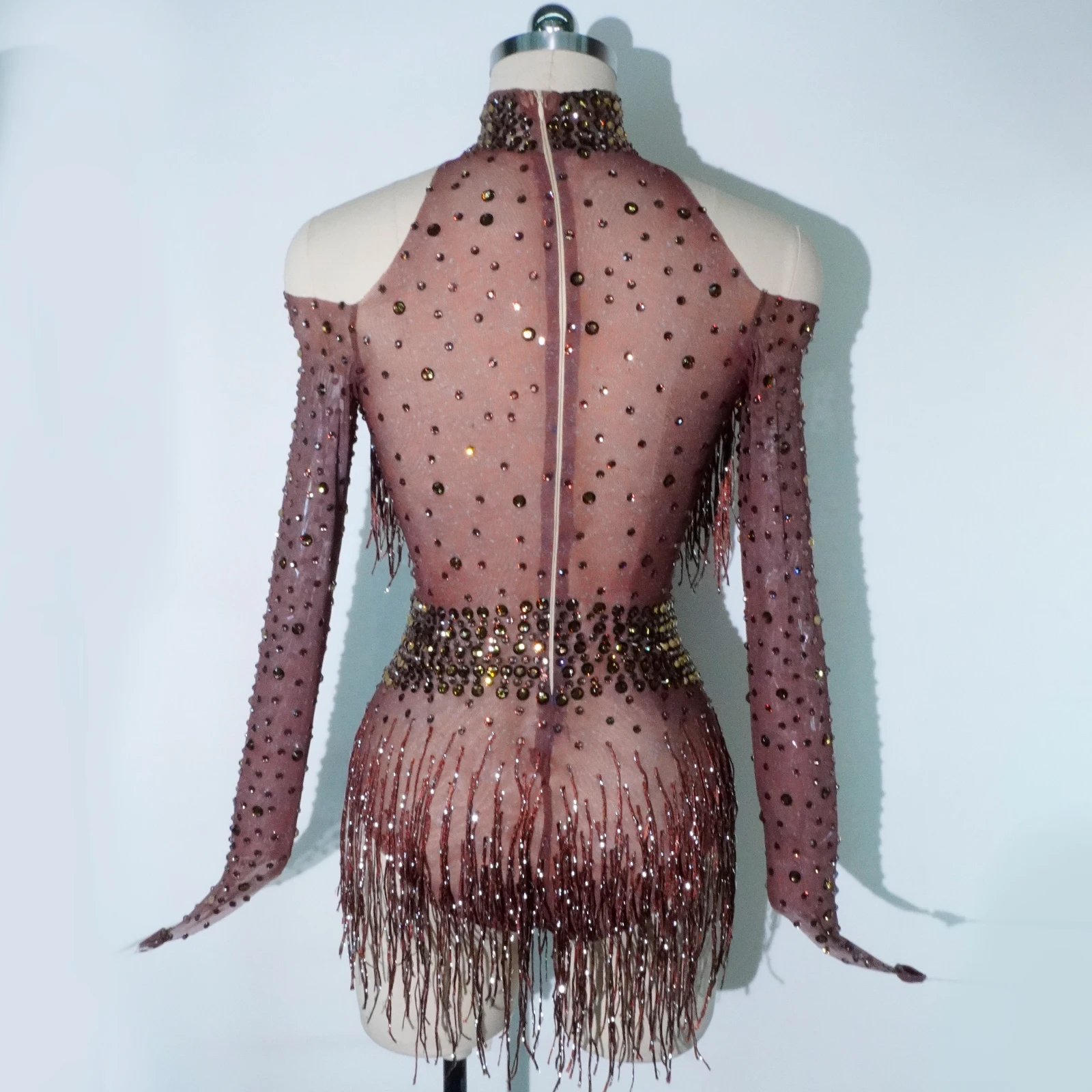 glitter brown rhinestone bodysuit stage outfit sexy mesh club party birthday Celebrate leotard women DS Team pole dance clothing